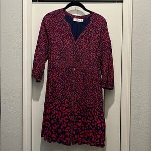 Vineyard Vines Leopard Print Tiered Dress Button Front Red V Neck size Small